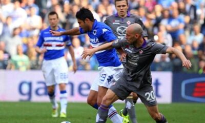 Contrasto di gioco tra Borja Valero e Eder nella sfida tra Sampdoria e Fiorentina conclusasi in parità.