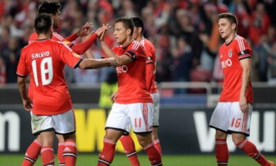 L'esultanaza dei giocatori del Benfica dopo la qualificazioni contro la Juve
