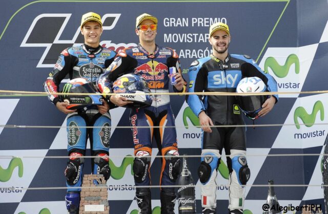 Moto3 podio Aragon: 1°Oliveira, 2° Navarro e 3° Fenati